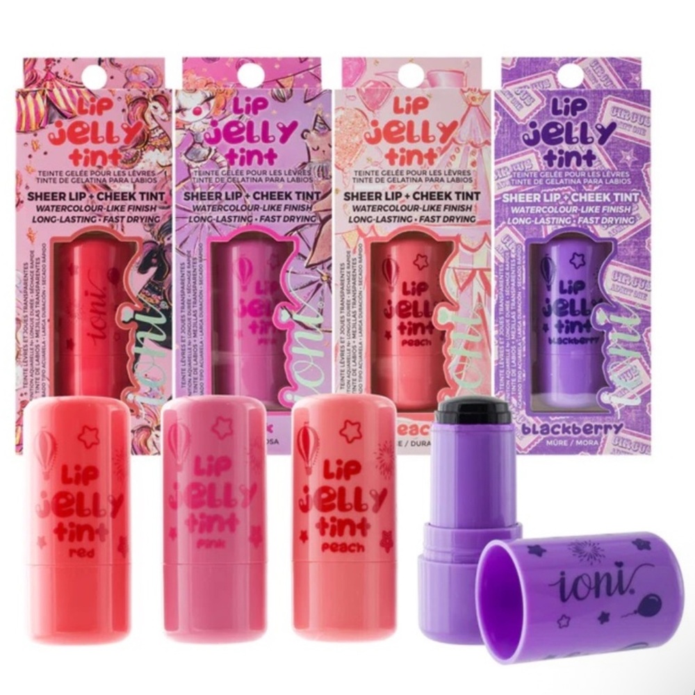 NWT/NIB Ioni Cosmetics 4 Color Lip/Cheek Jelly Tint Set - Red Pink Purple Peach